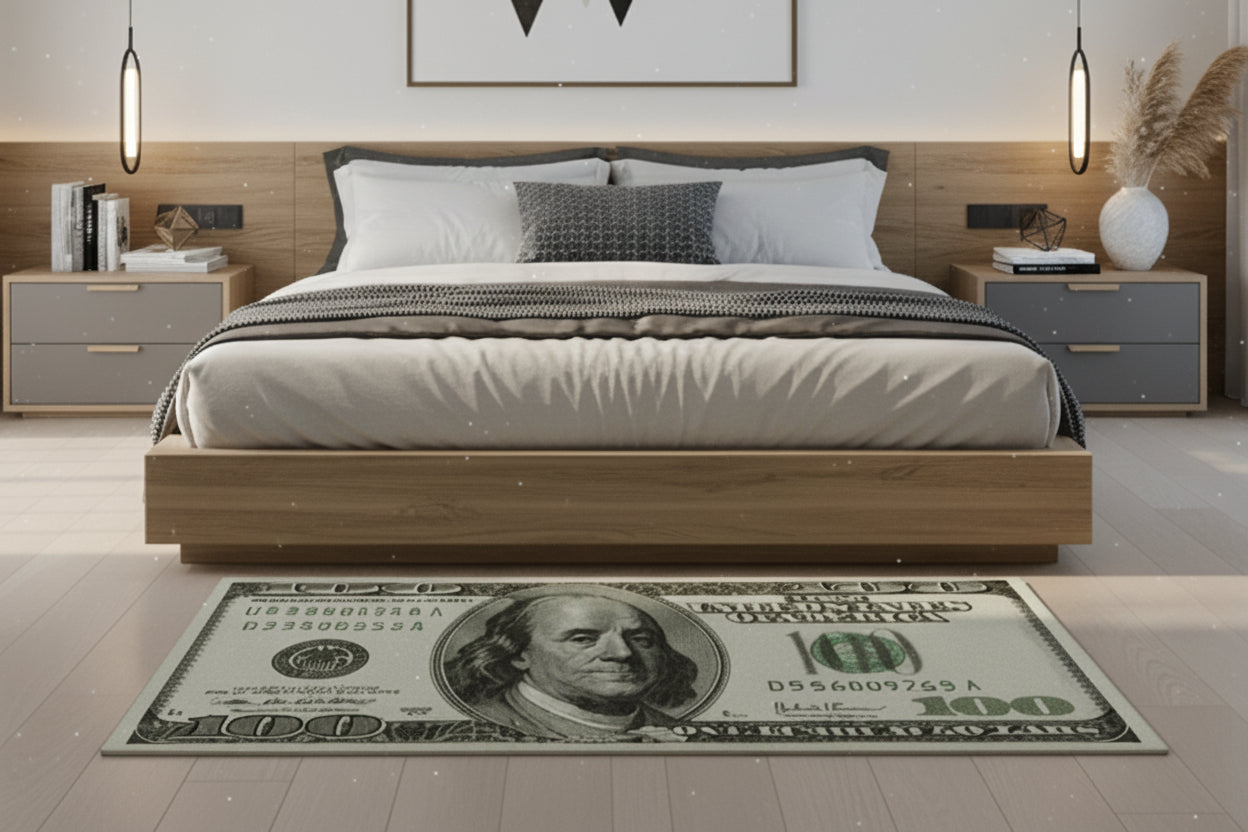 Dollar bill design rug on a wooden floor with decorative items around