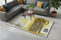 Living room with a rug featuring a 200 Euro banknote design.