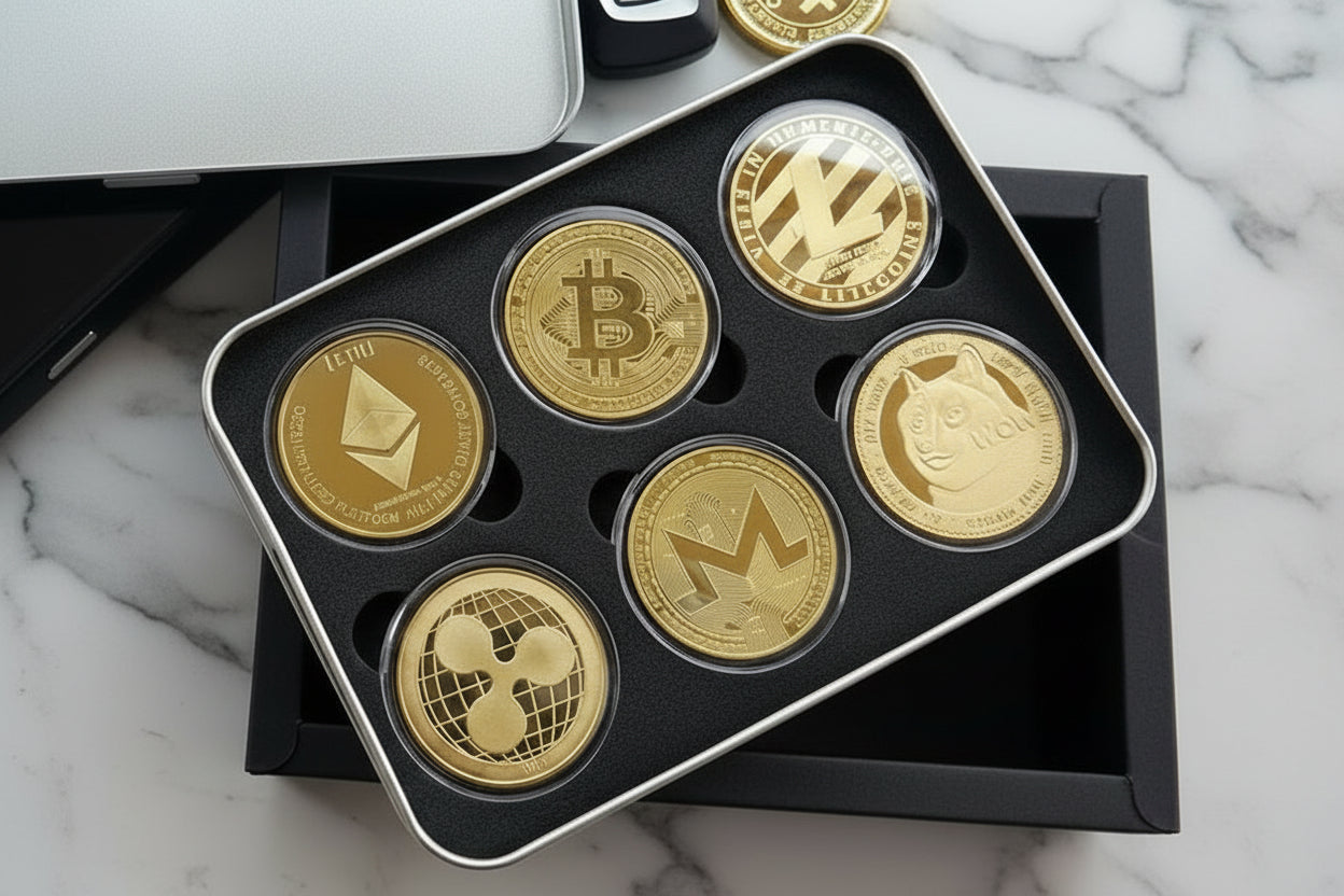 Set of gold coins with cryptocurrency symbols in a black display case on a marble background.