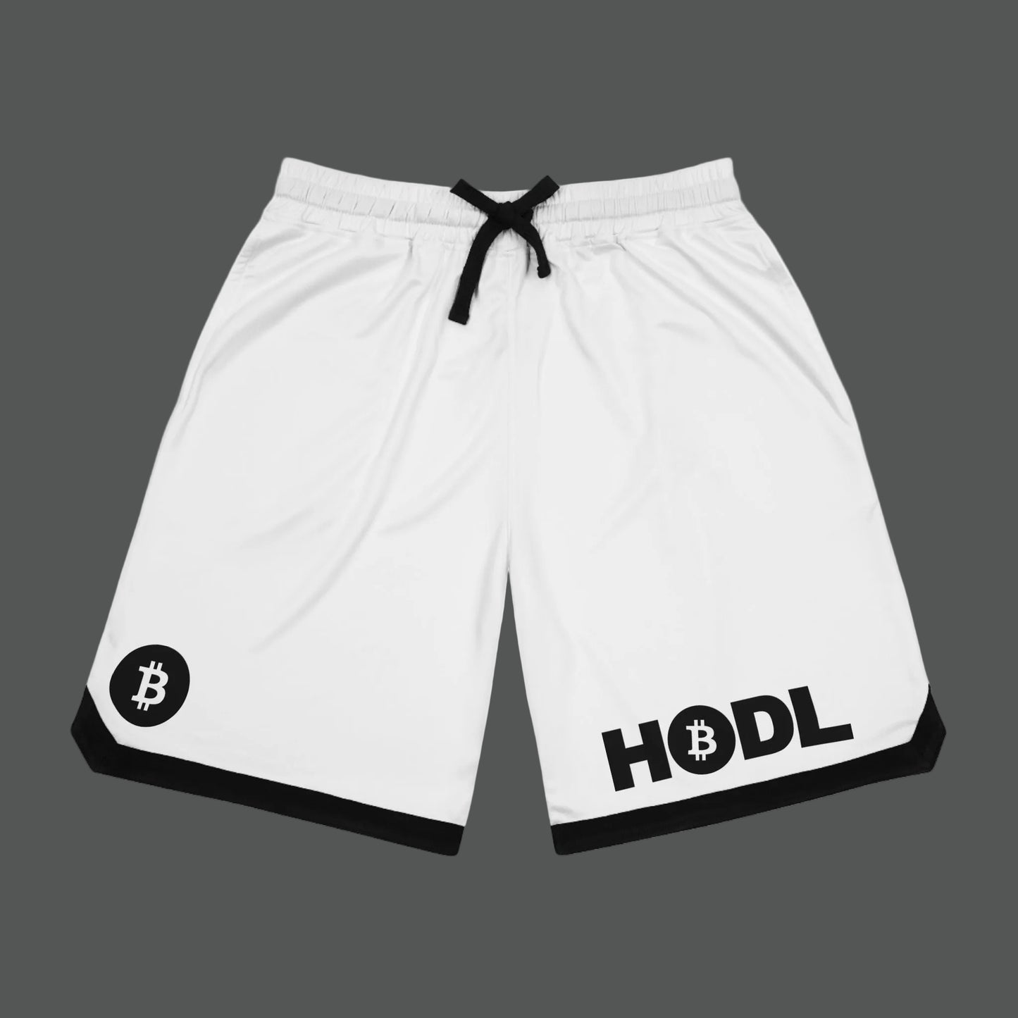White shorts with Bitcoin logo and 'HODL' text on a white background