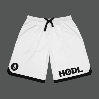 White shorts with Bitcoin logo and 'HODL' text on a white background