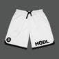 White shorts with Bitcoin logo and 'HODL' text on a white background