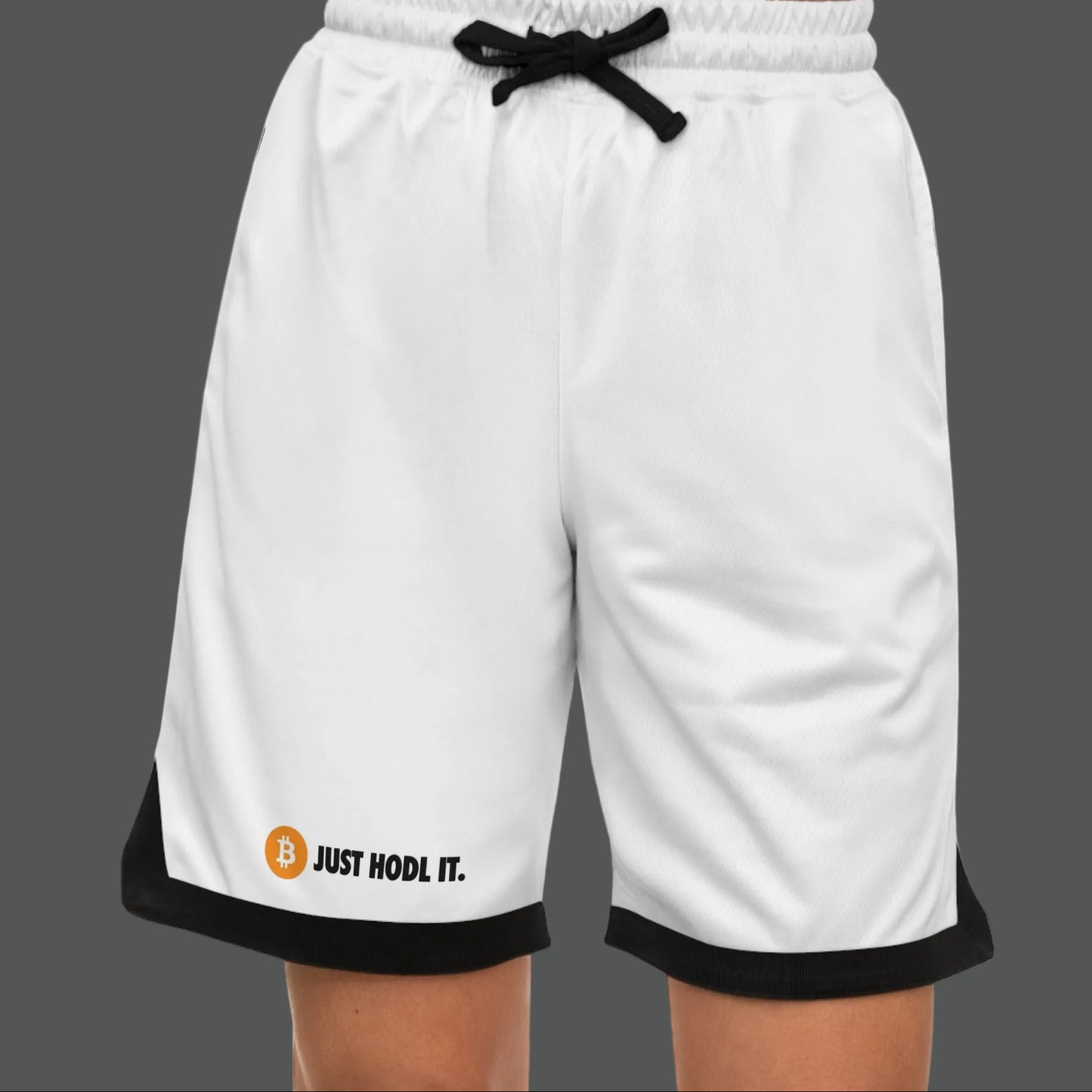 White shorts with Bitcoin logo on a white background