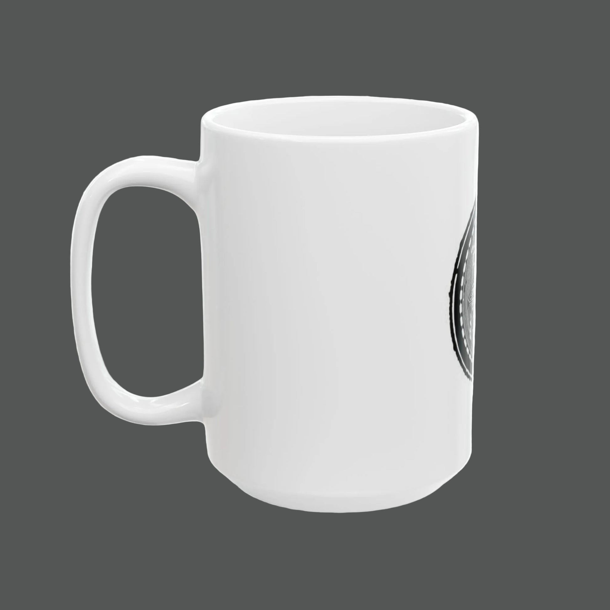 White mug with a logo on a white background