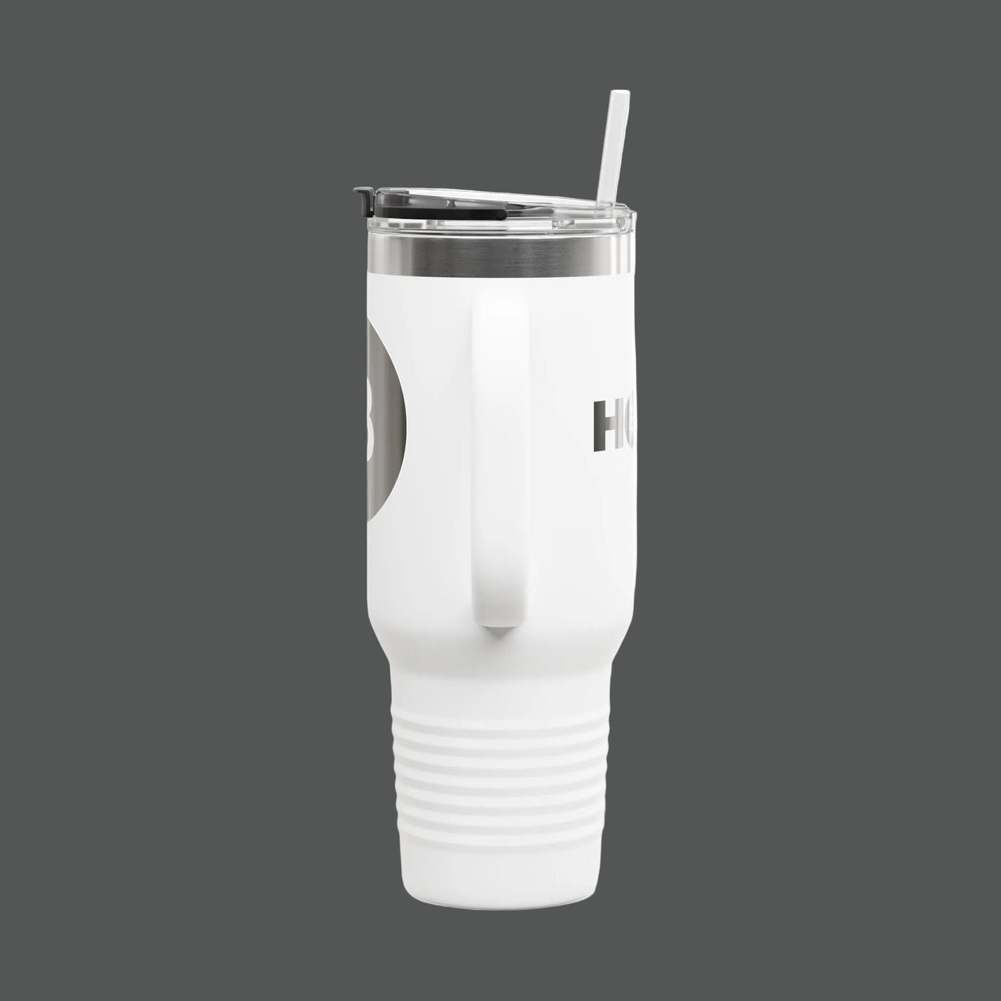 White tumbler with a straw on a white background