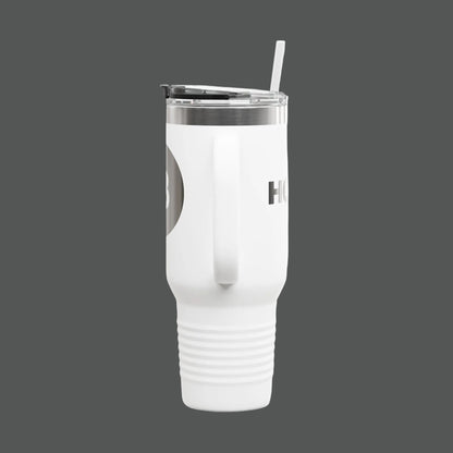 White tumbler with a straw on a white background