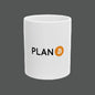 White mug with 'PLAN' and Bitcoin logo on a white background