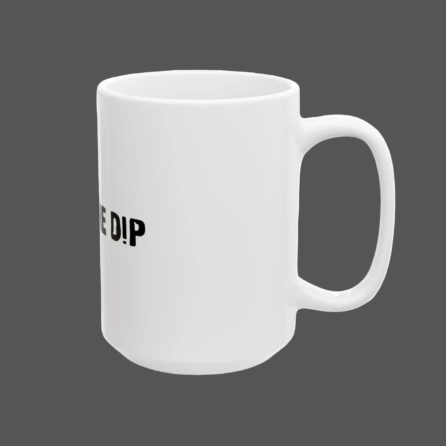 White mug with black text on a white background
