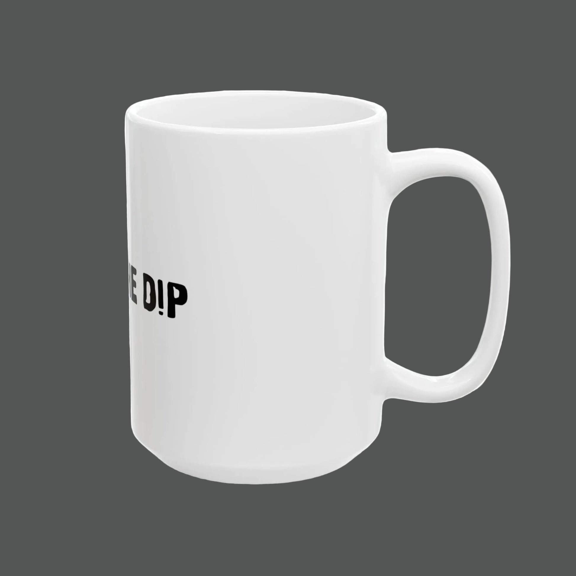 White mug with black text on a white background