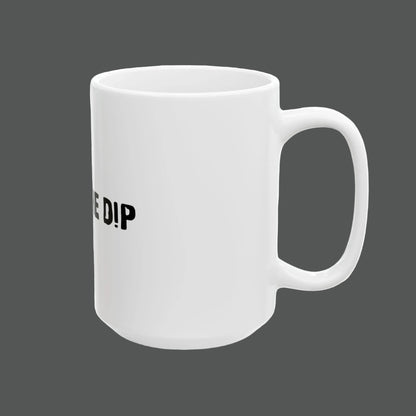White mug with black text on a white background