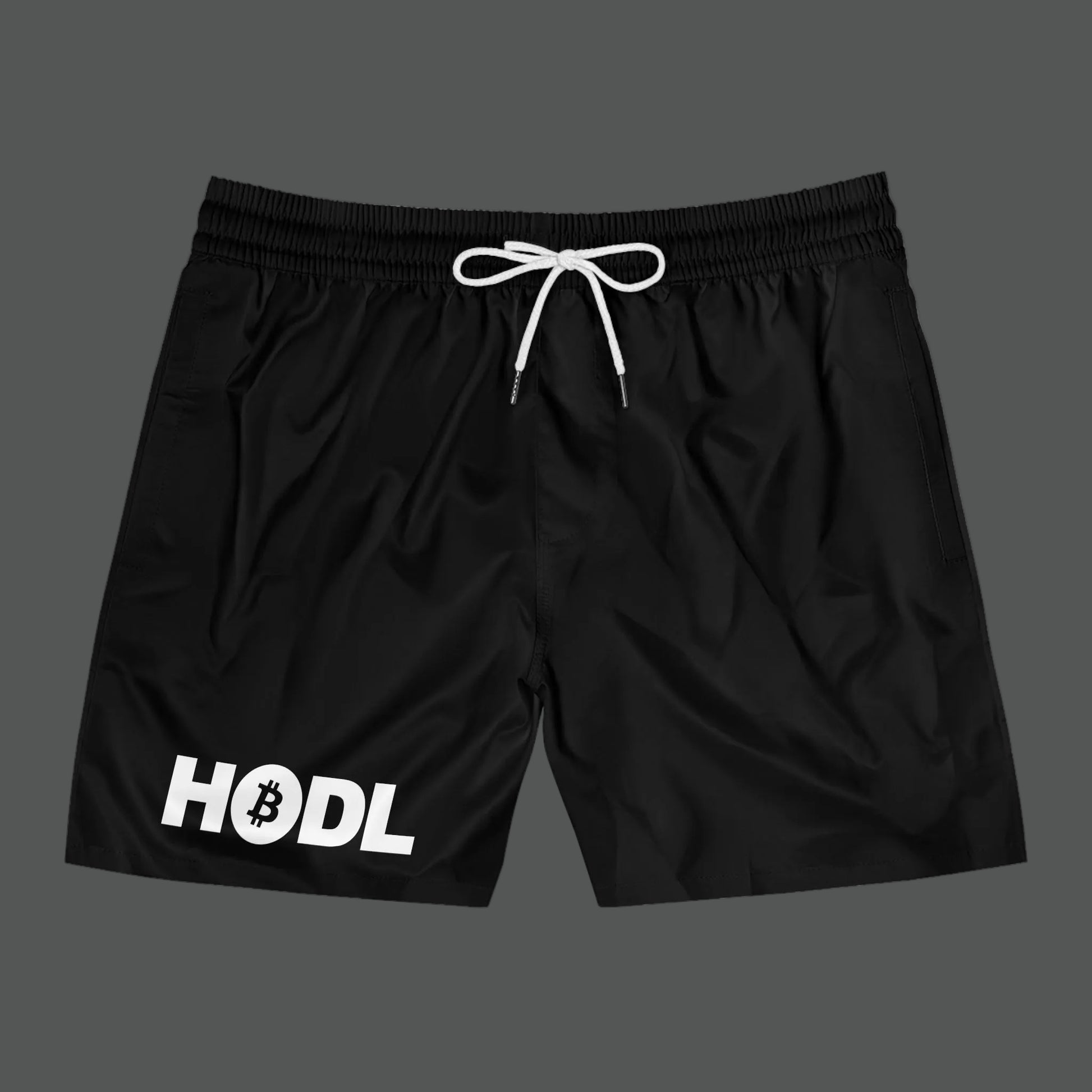Black shorts with 'HODL' and Bitcoin logo on a white background