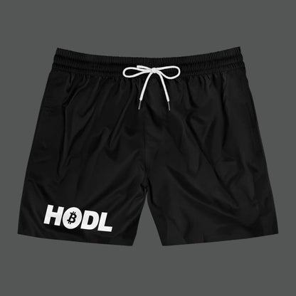 Black shorts with 'HODL' and Bitcoin logo on a white background