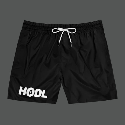 Black shorts with 'HODL' and Bitcoin logo on a white background