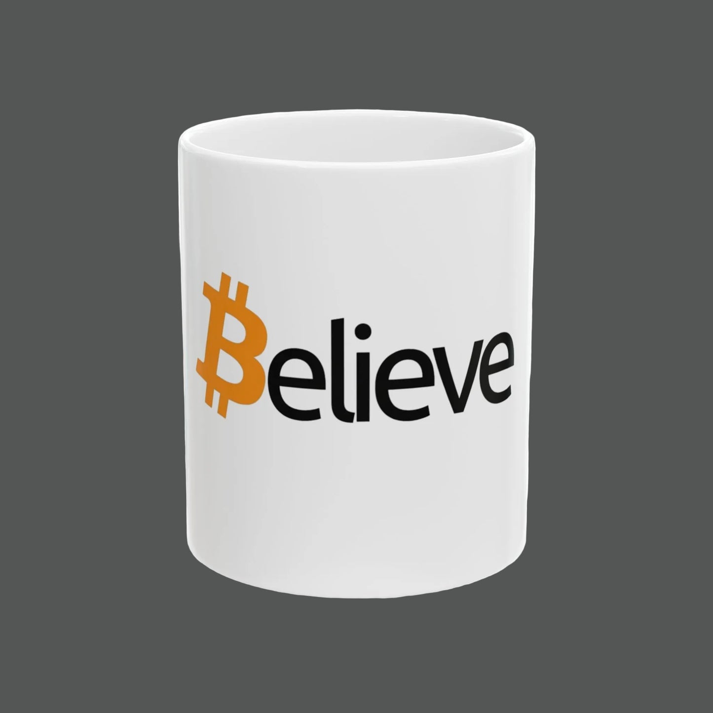 White mug with Bitcoin logo and 'Believe' text on a white background
