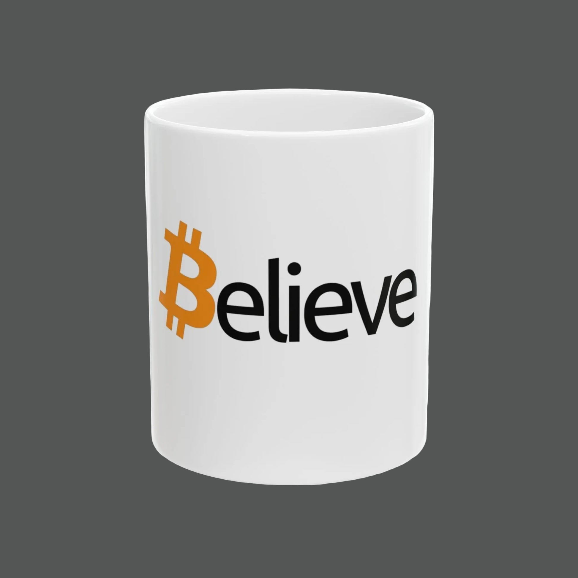 White mug with Bitcoin logo and 'Believe' text on a white background