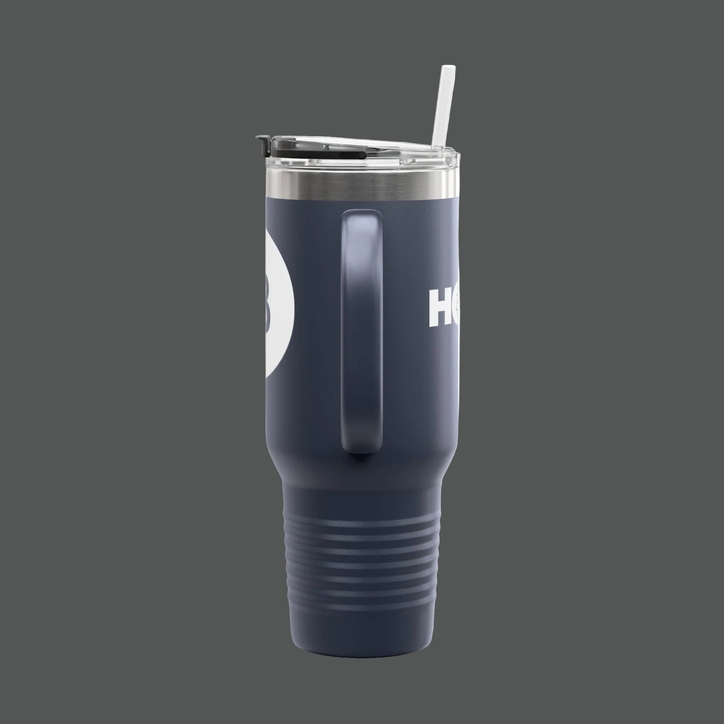 Navy blue tumbler with a straw on a white background