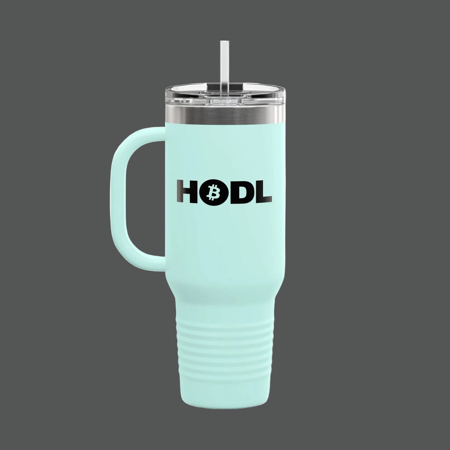 Light blue mug with 'HODL' and Bitcoin logo on a white background