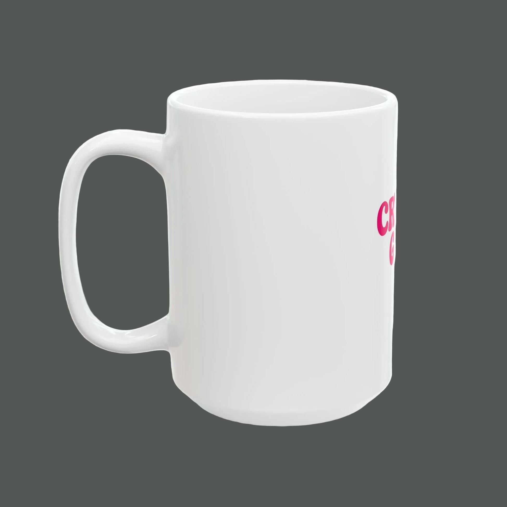 White mug with pink text on a white background