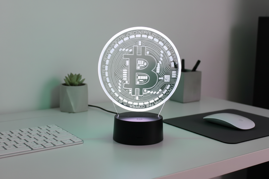 Desk with a Bitcoin-themed lamp, keyboard, and computer mouse.