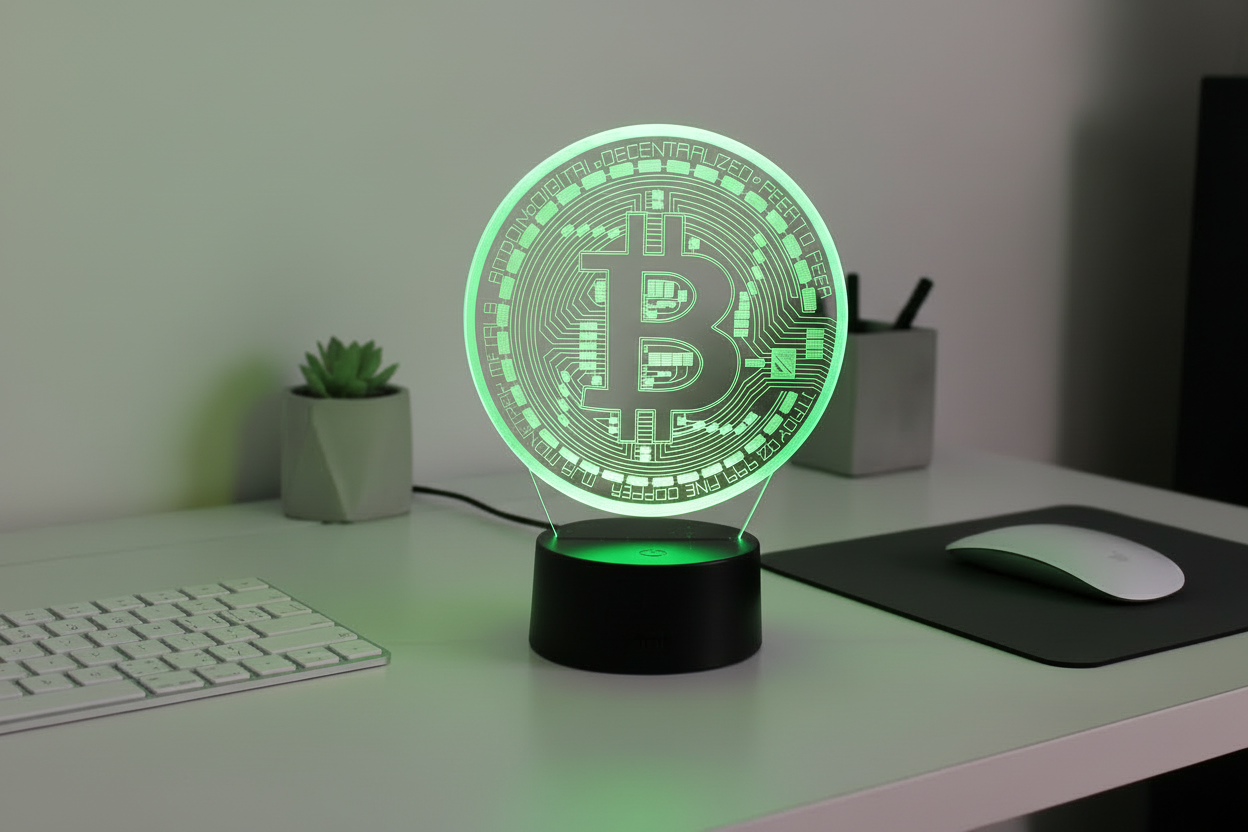 Green LED lamp with Bitcoin design on a desk
