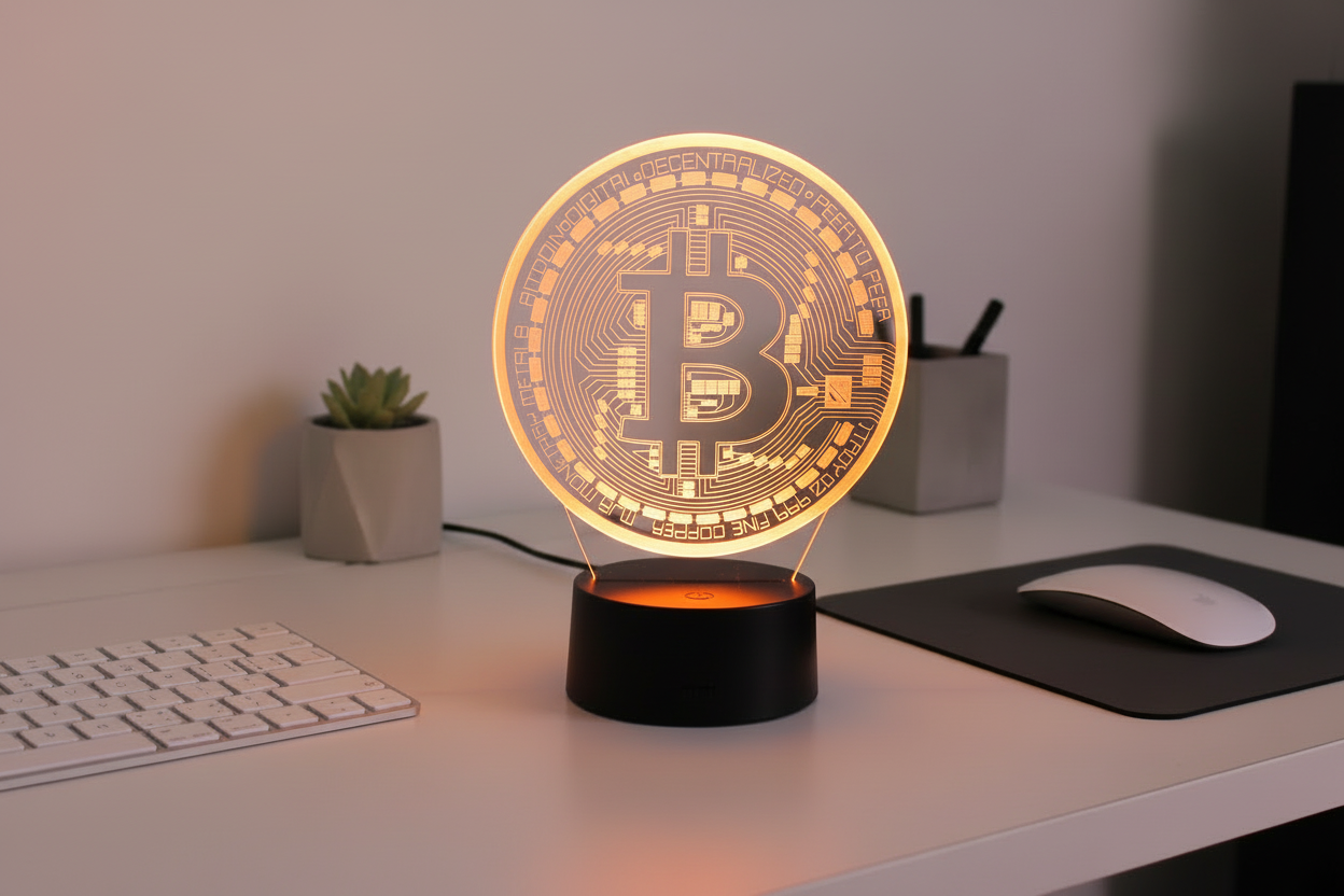 Bitcoin-themed lamp on a desk with a keyboard and mouse in the background