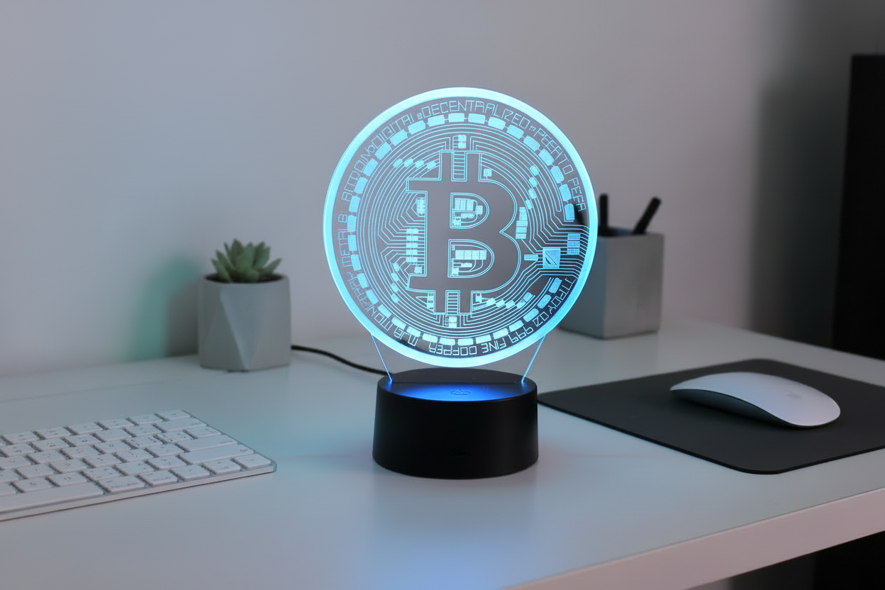 Desk with a Bitcoin-themed lamp, keyboard, and mouse.