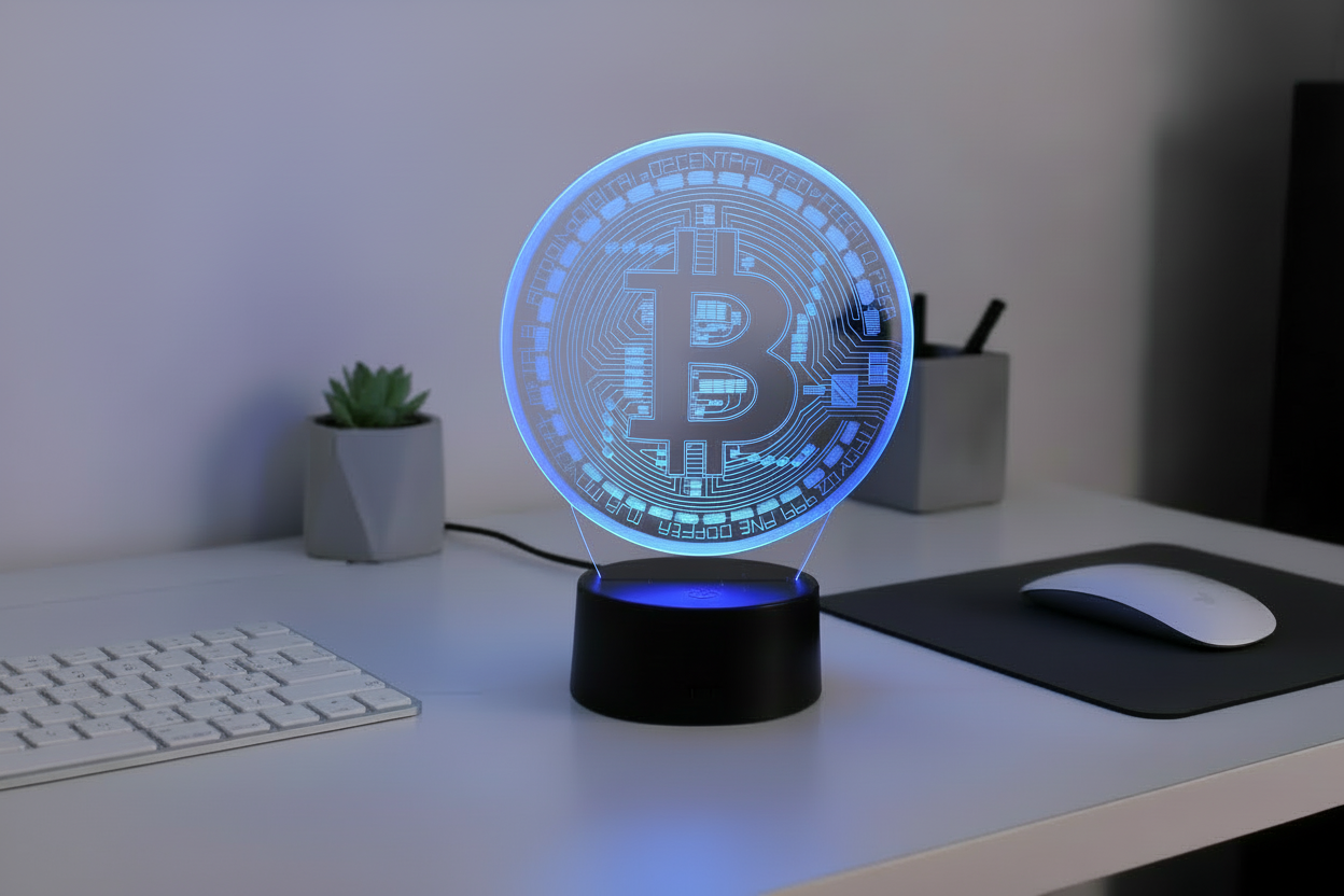 Desk with a Bitcoin-themed lamp, keyboard, and mouse.