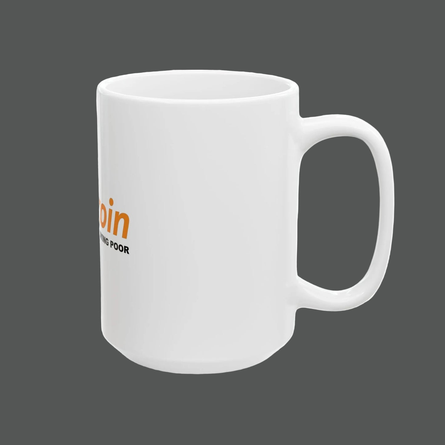 White mug with text on a white background