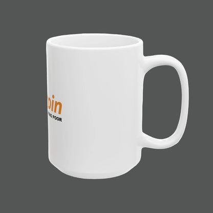 White mug with text on a white background