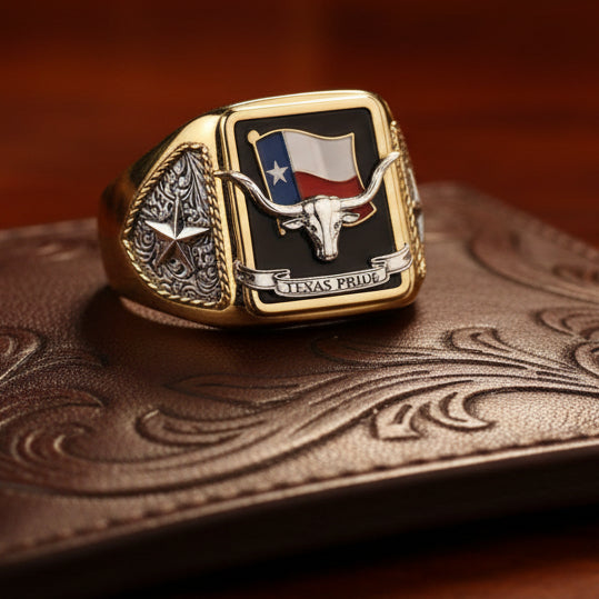 Gold ring with Texas flag and longhorn design on a white background