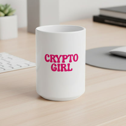White mug with 'CRYPTO GIRL' in pink text on a white background