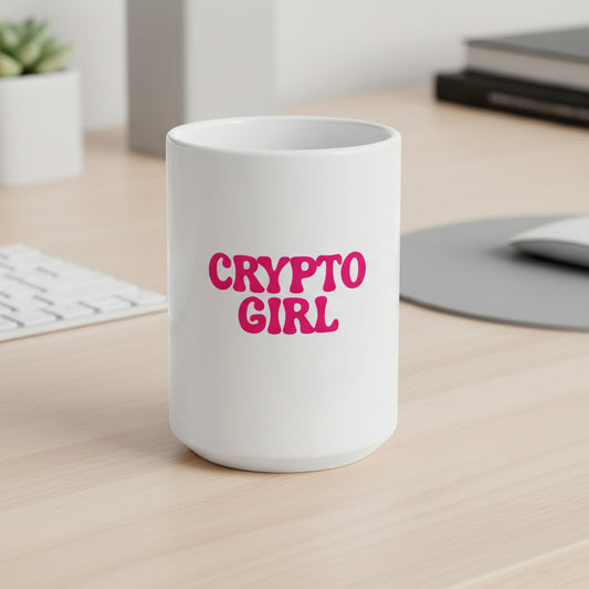 White mug with 'CRYPTO GIRL' in pink text on a white background