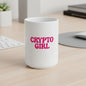 White mug with 'CRYPTO GIRL' in pink text on a white background