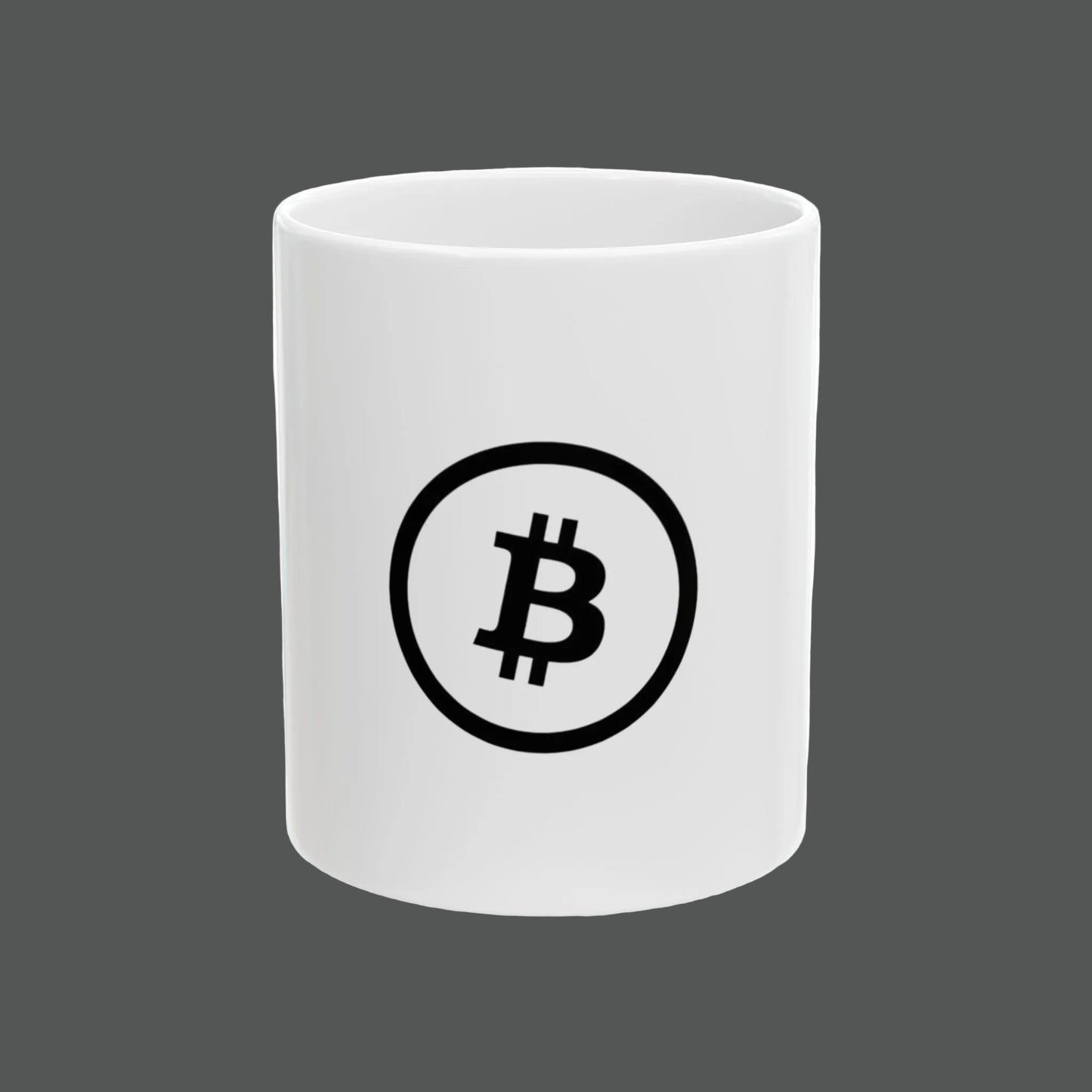 White mug with Bitcoin symbol on a white background