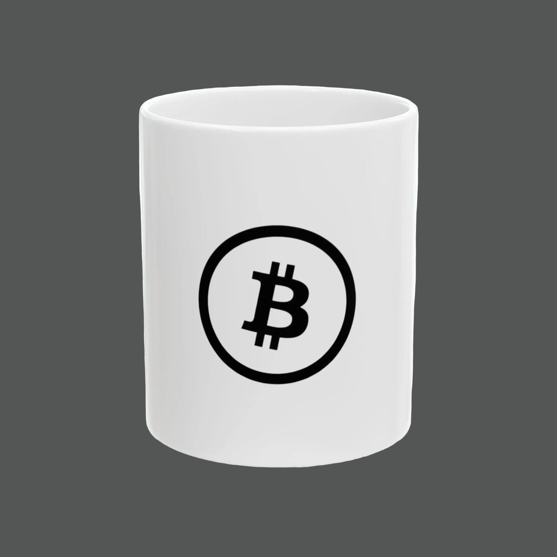 White mug with Bitcoin symbol on a white background