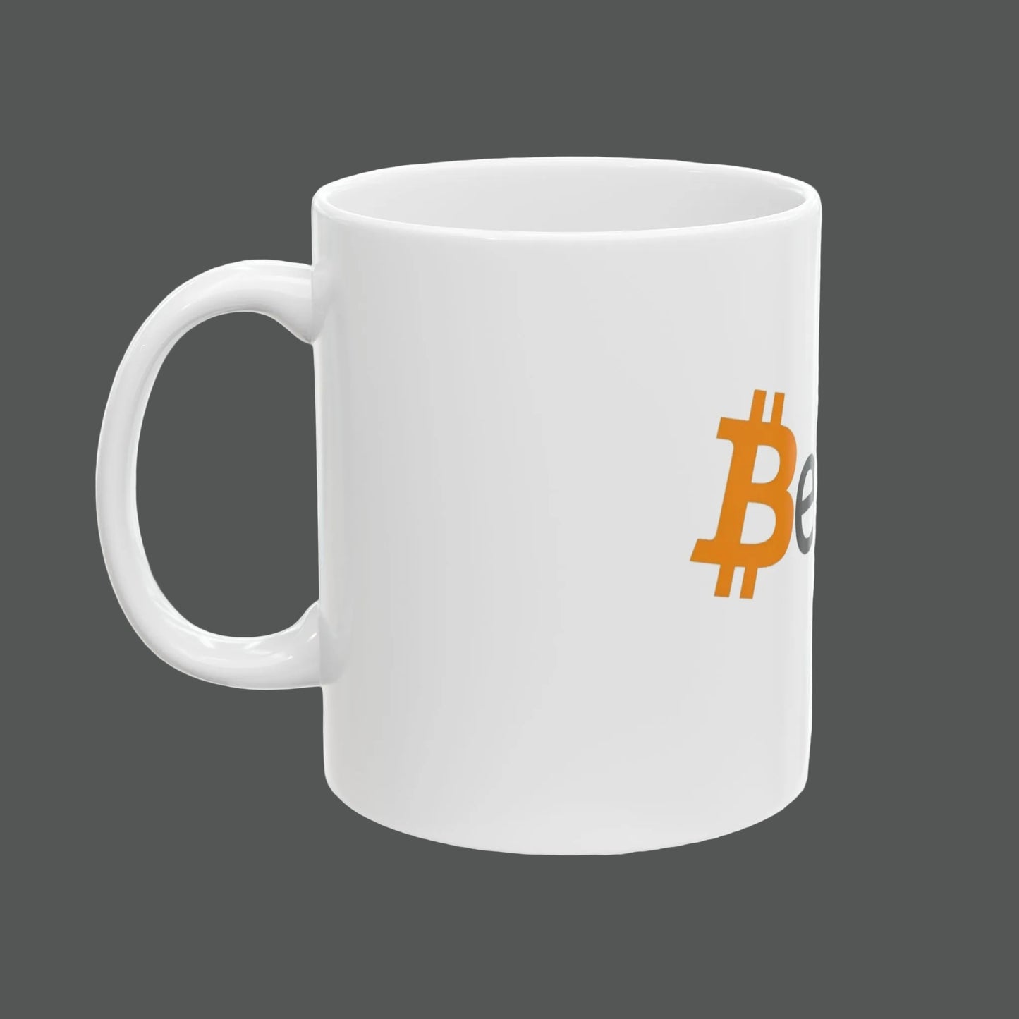 White mug with Bitcoin logo on a white background