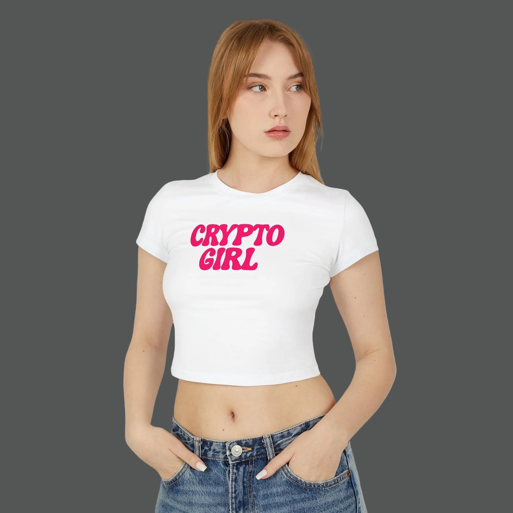Woman wearing a white t-shirt with 'CRYPTO GIRL' in pink text on a white background