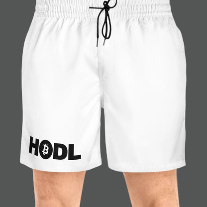 White shorts with 'HODL' and Bitcoin logo on a white background