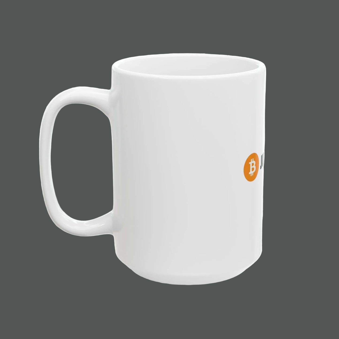 White mug with Bitcoin logo on a white background