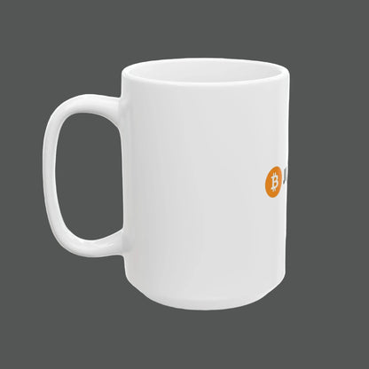 White mug with Bitcoin logo on a white background