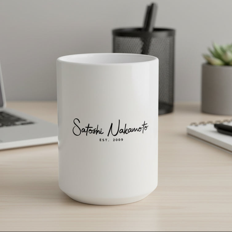 White mug with 'Satoshi Nakamoto EST. 2009' text on a white background