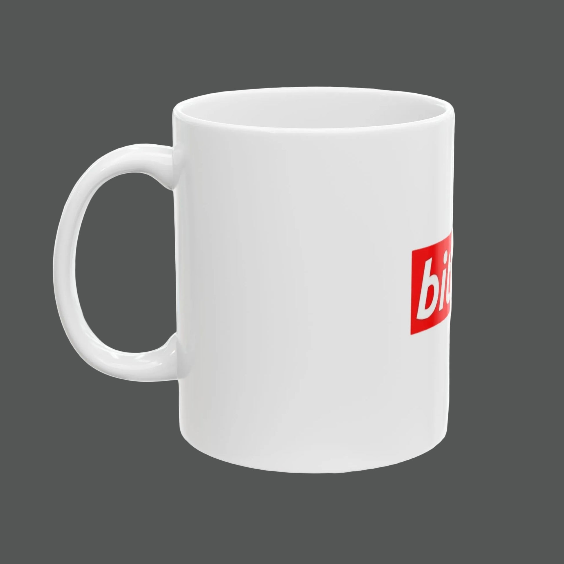 White mug with a red 'big' logo on a white background