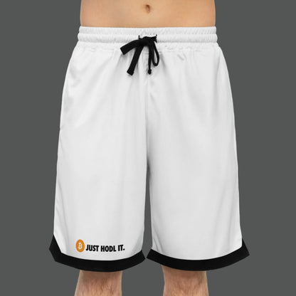 White shorts with black trim featuring 'Just HODL IT.' text and Bitcoin symbol on a white background.