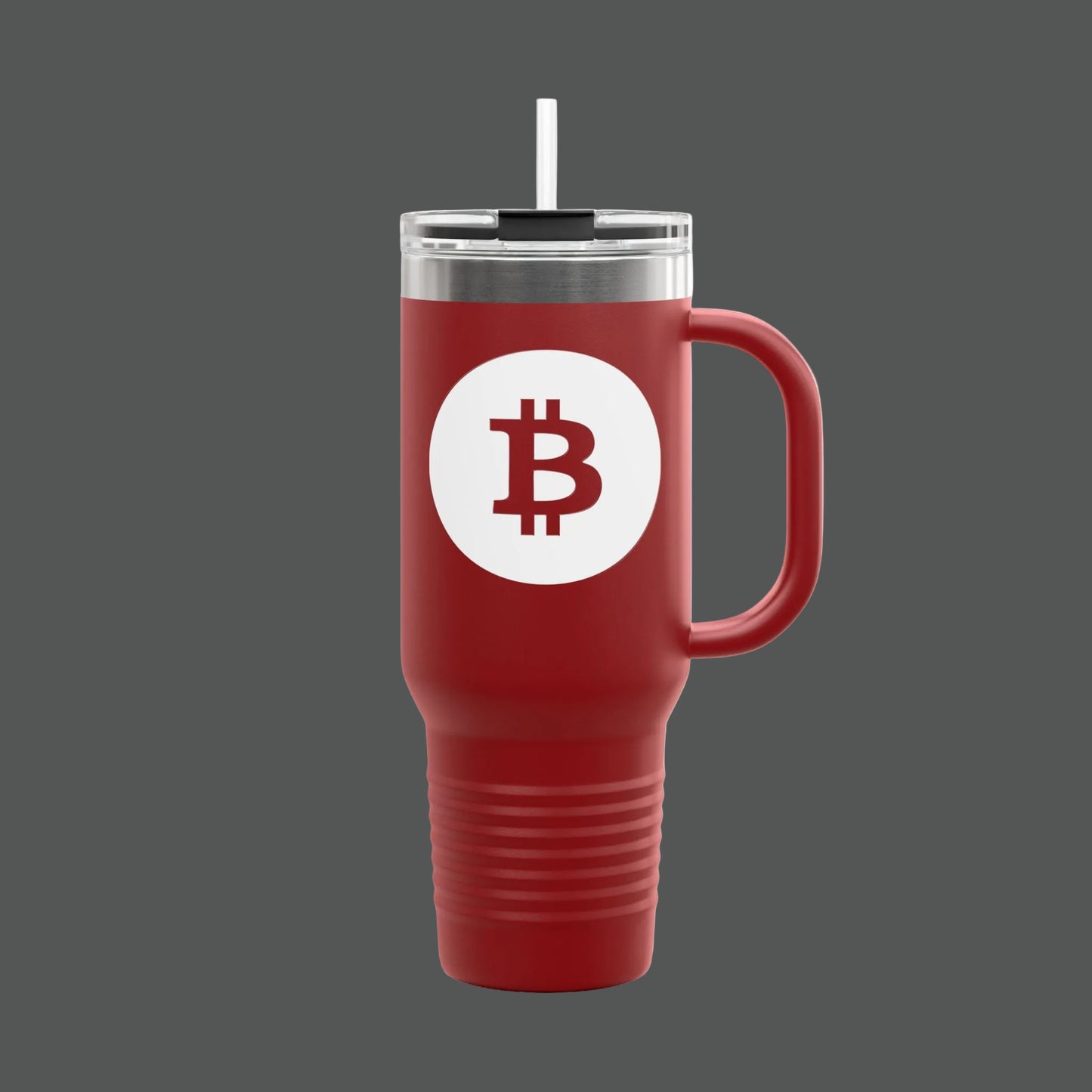 Red travel mug with Bitcoin logo on a white background