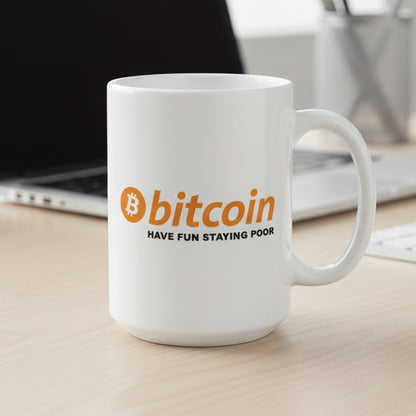 White mug with Bitcoin logo and text on a white background