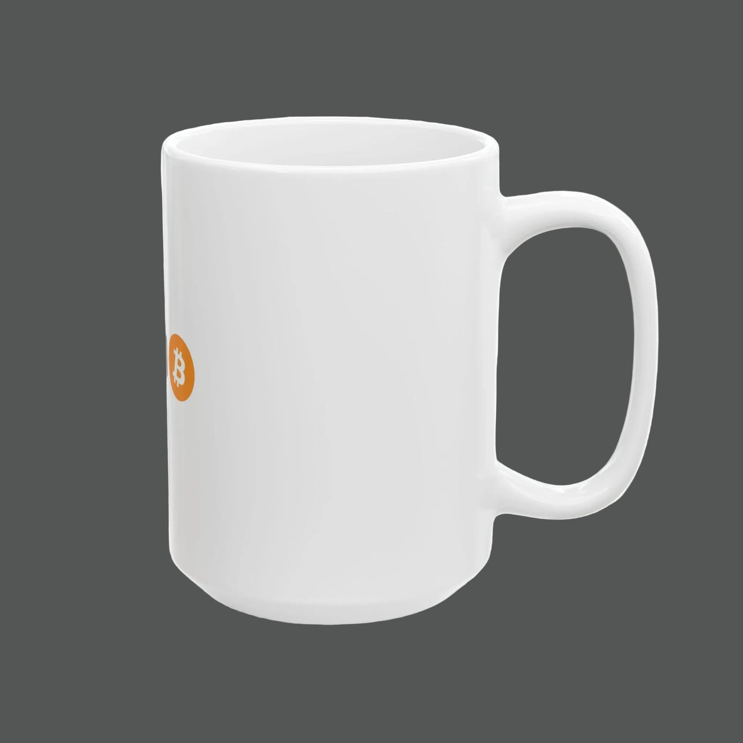 White mug with a small orange logo on a white background