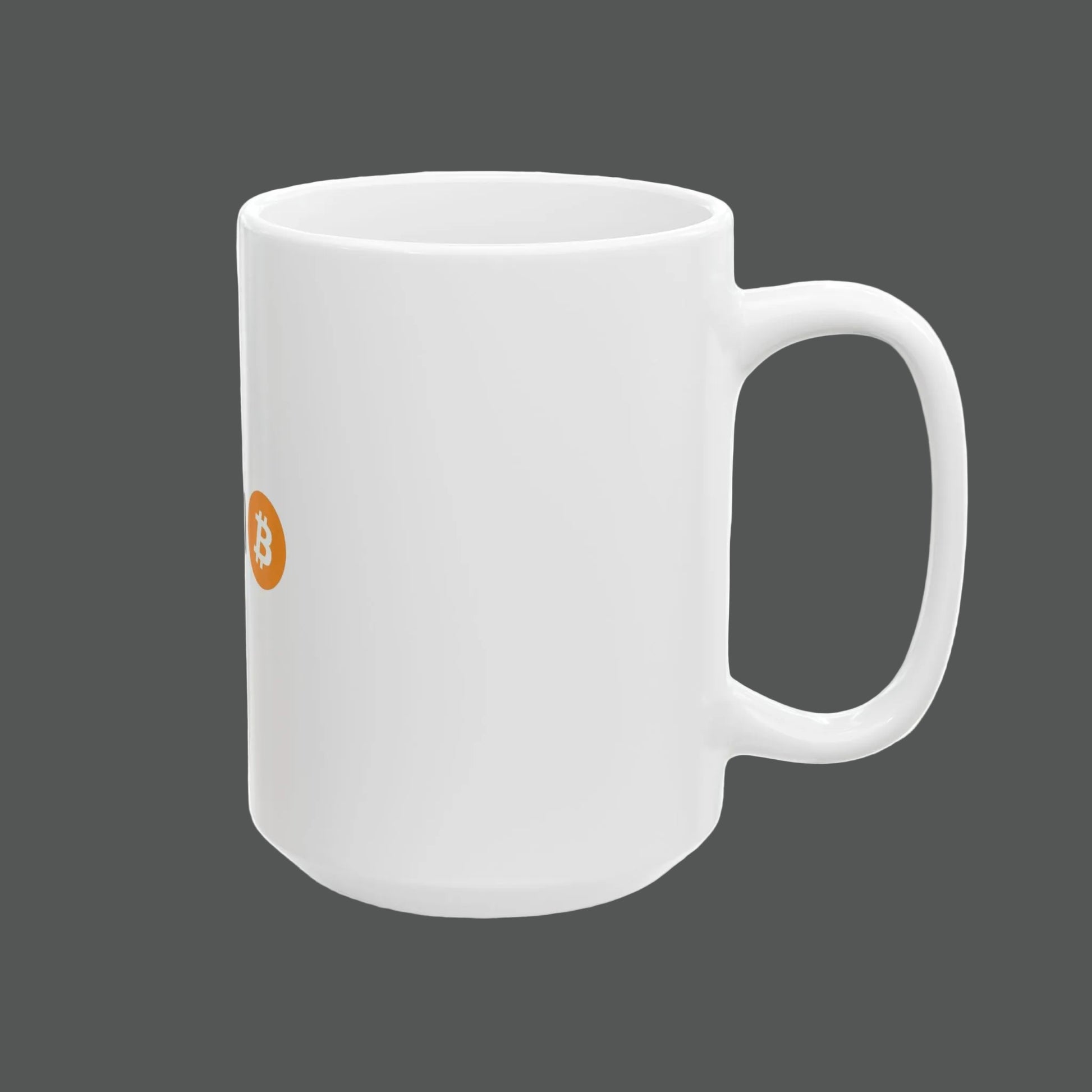 White mug with a small orange logo on a white background