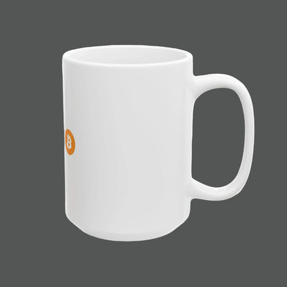White mug with a small orange logo on a white background
