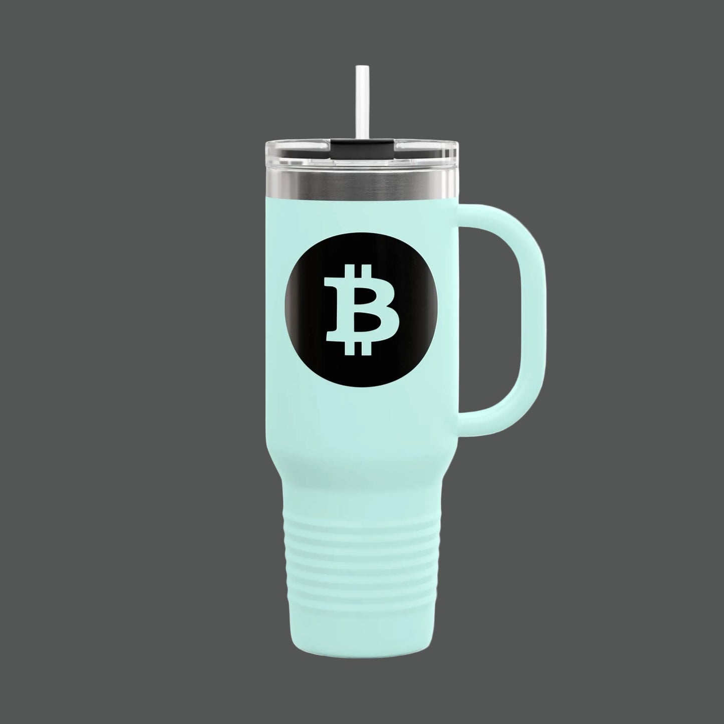 Mint green travel mug with Bitcoin logo on a white background
