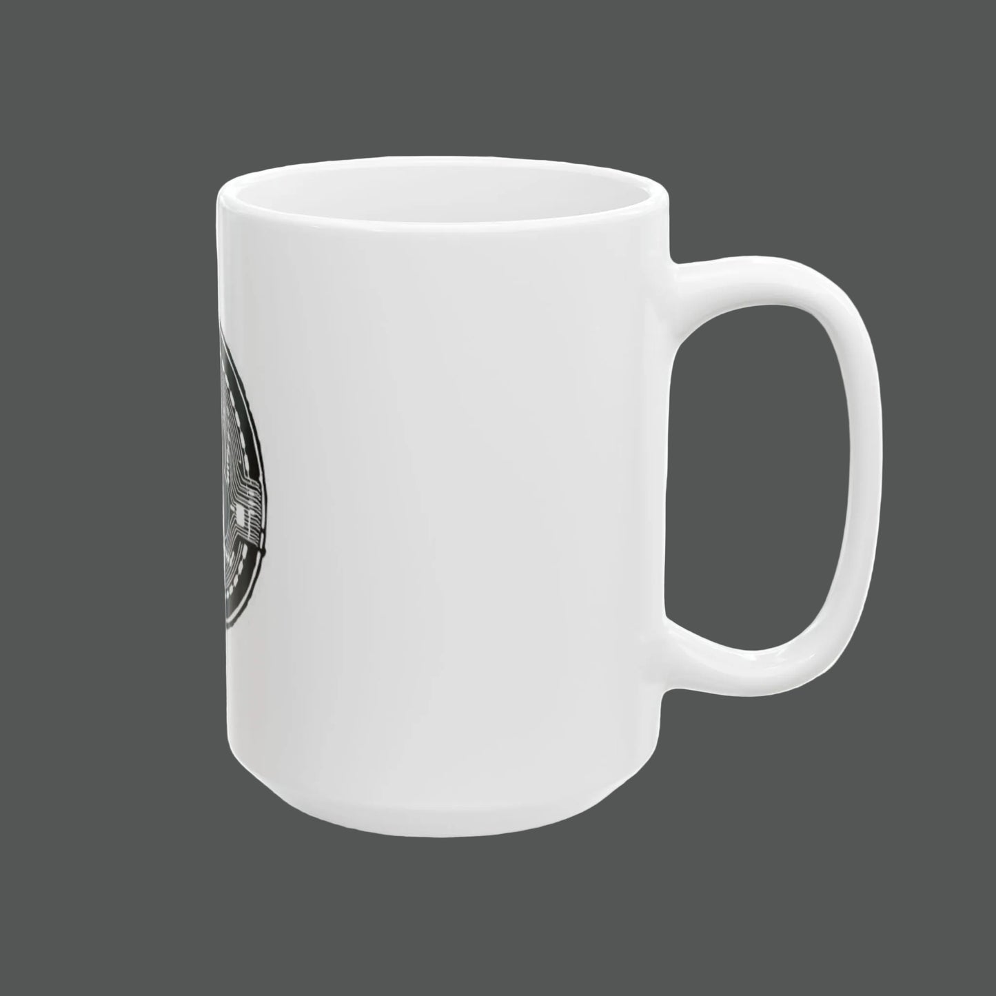 White mug with a green and red design on a white background